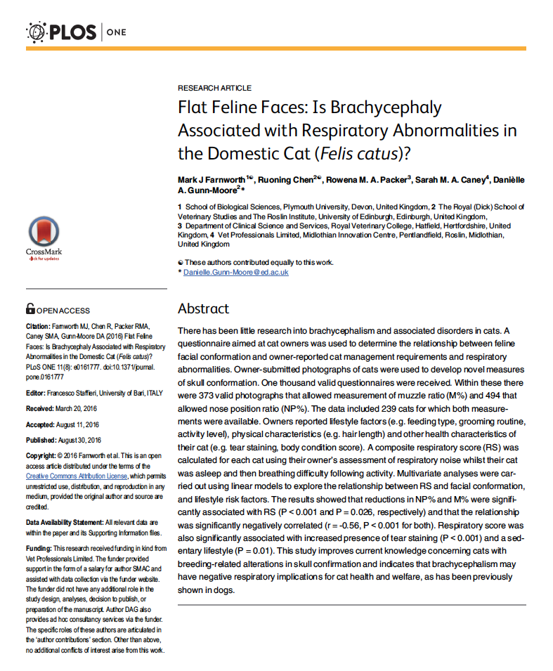 Flat Feline Faces: Is Brachycephaly Associated with Respiratory Abnormalities in the Domestic Cat (Felis catus)?